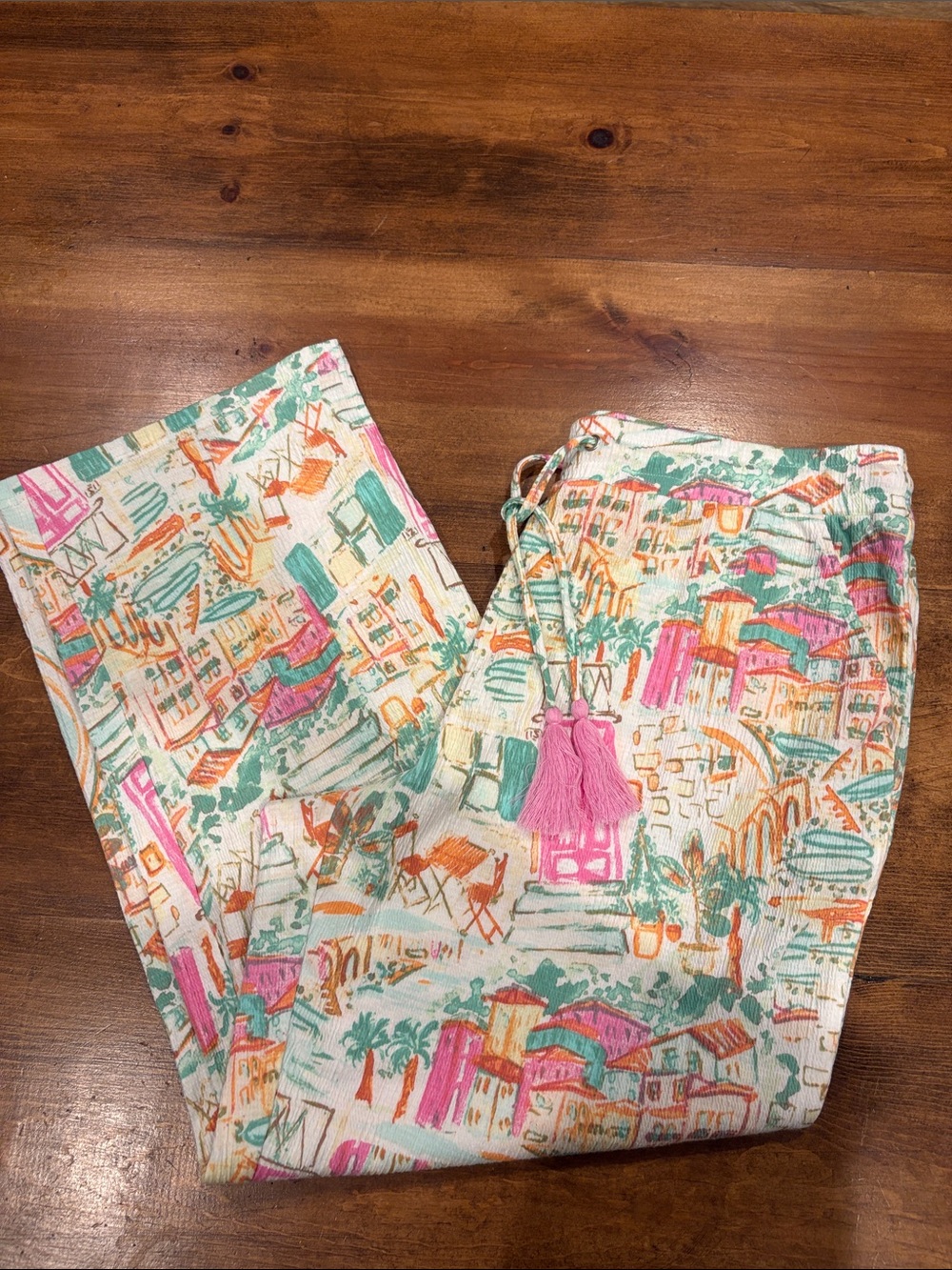 Belle by Kim Gravel Lounge Pants in Pink, Green & Orange Cityscape